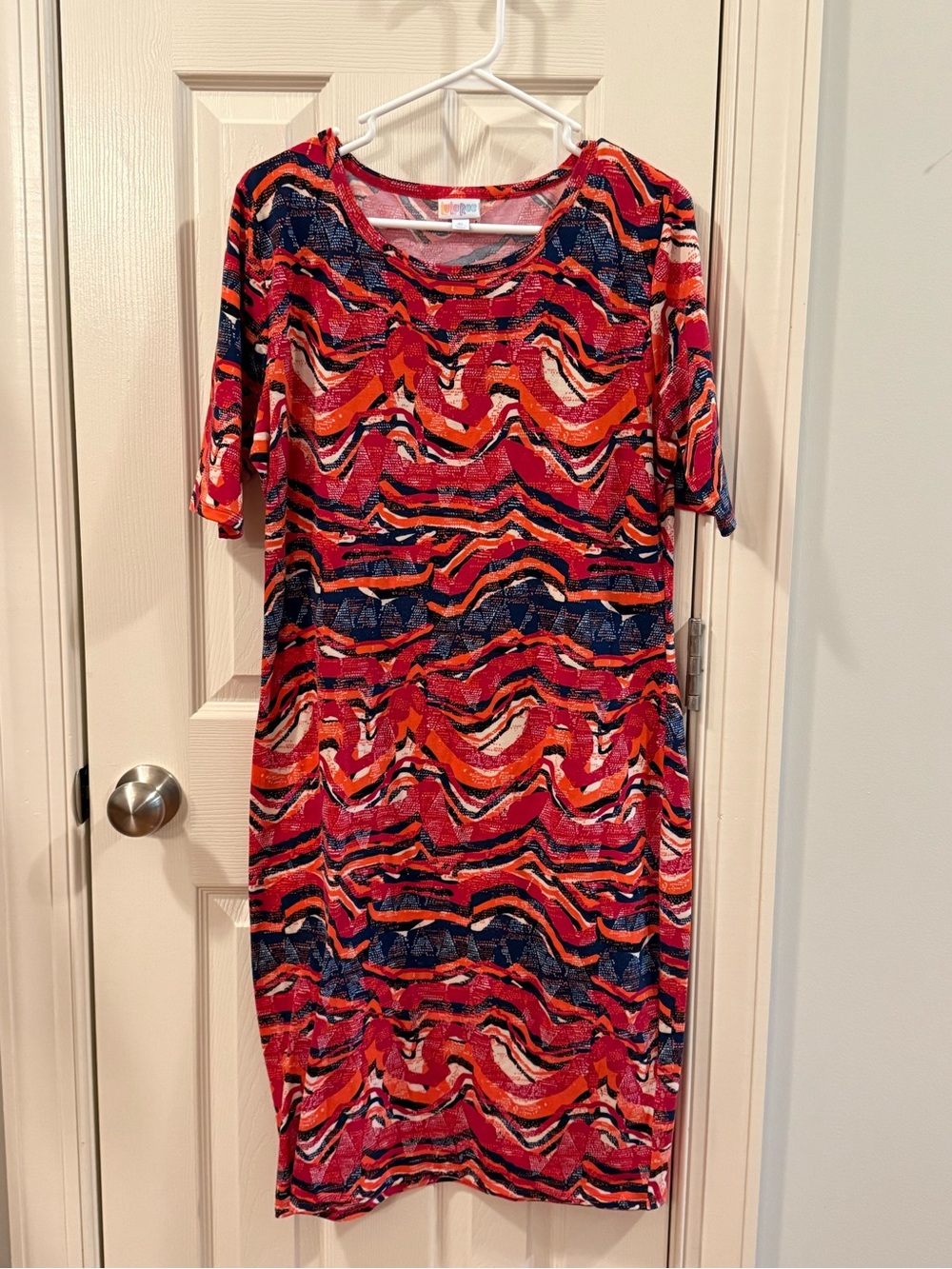 LuLaRoe Julia Dress XL Pink Orange Blue Abstract Print Stretch Midi